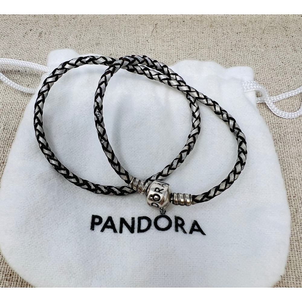 Pandora Sterling Silver Black & Silver Braided Leather Double Wrap Bracelet